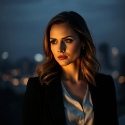 A moody professional portrait of a woman standing against a softly blurred cityscape at dusk