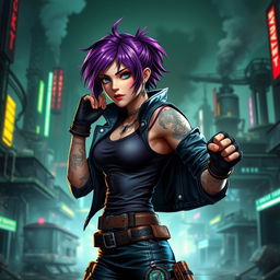 A dynamic and fierce female character inspired by Vi from the game Arcane, standing in a dramatic pose