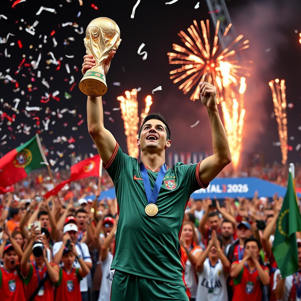 Cristiano Ronaldo celebrating victoriously on the podium after winning the FIFA World Cup