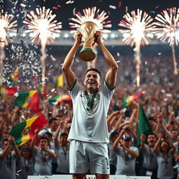 Cristiano Ronaldo celebrating victoriously on the podium after winning the FIFA World Cup