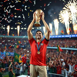 Cristiano Ronaldo celebrating victoriously on the podium after winning the FIFA World Cup