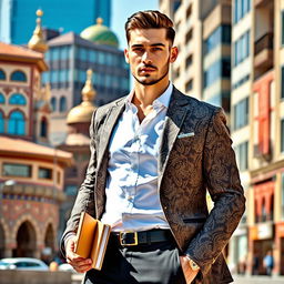 A stylish Uzbek modern man, exuding confidence and intelligence
