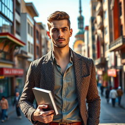 A stylish Uzbek modern man, exuding confidence and intelligence