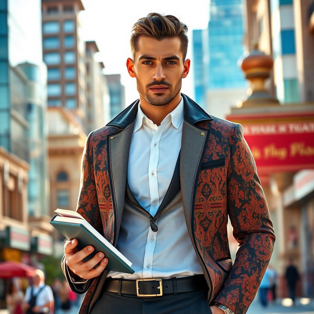 A stylish Uzbek modern man, exuding confidence and intelligence