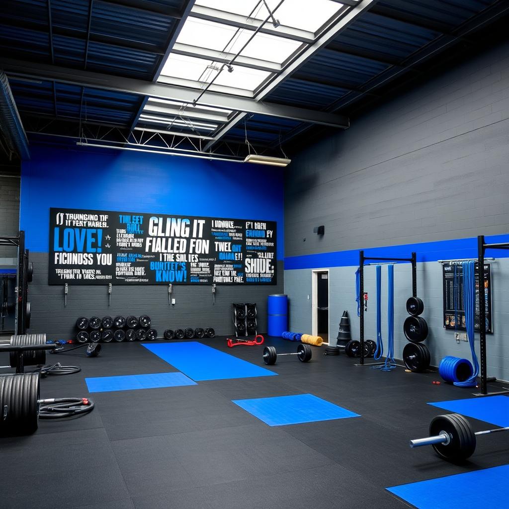 A CrossFit gym that showcases a striking color palette of dark gray, black, and royal blue