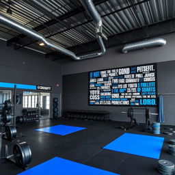 A CrossFit gym that showcases a striking color palette of dark gray, black, and royal blue