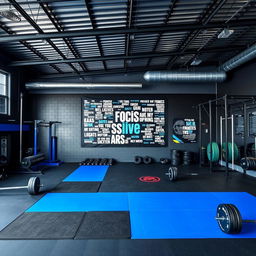 A CrossFit gym that showcases a striking color palette of dark gray, black, and royal blue