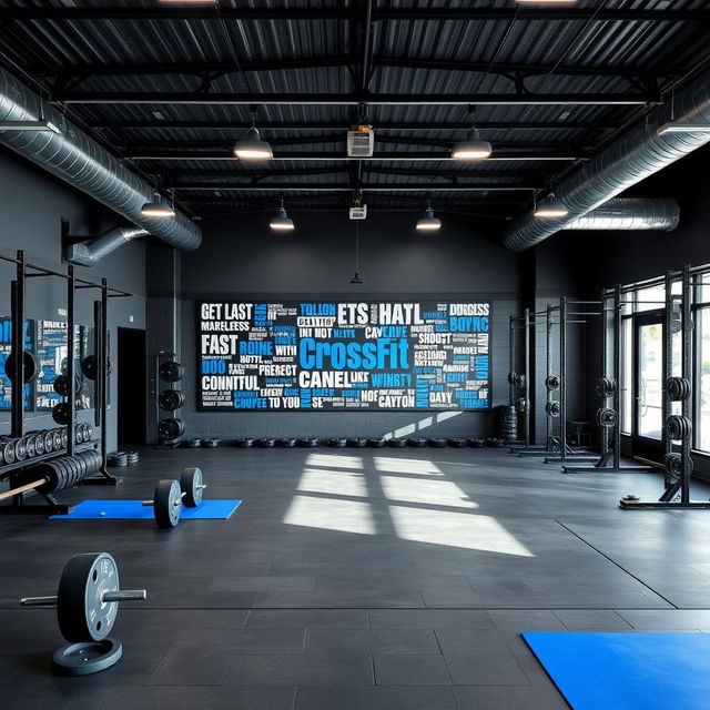A CrossFit gym that showcases a striking color palette of dark gray, black, and royal blue