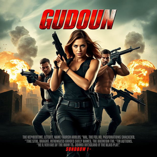 An action movie poster featuring a strong and confident woman leading the charge with four rugged men positioned around her