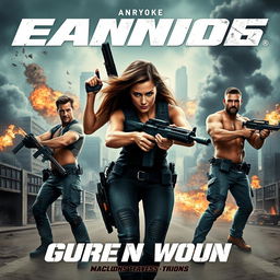 An action movie poster featuring a strong and confident woman leading the charge with four rugged men positioned around her