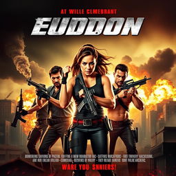 An action movie poster featuring a strong and confident woman leading the charge with four rugged men positioned around her