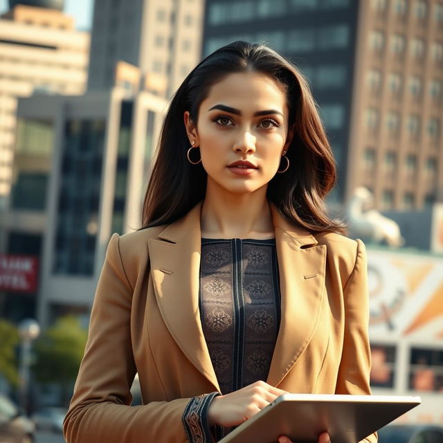 A sophisticated Uzbek modern woman, radiating intelligence and elegance