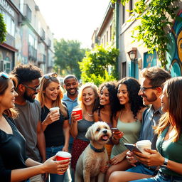 A group of diverse humans of different ethnicities and ages gathered in a vibrant urban setting