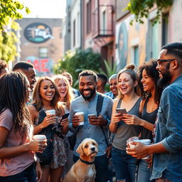 A group of diverse humans of different ethnicities and ages gathered in a vibrant urban setting