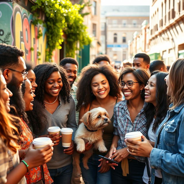 A group of diverse humans of different ethnicities and ages gathered in a vibrant urban setting