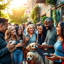 A group of diverse humans of different ethnicities and ages gathered in a vibrant urban setting