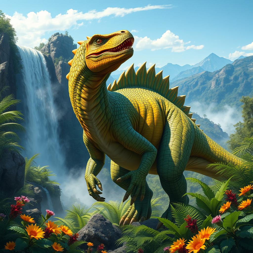 A powerful, stylized depiction of a dyno (dinosaur), showcasing its massive size and intricate details