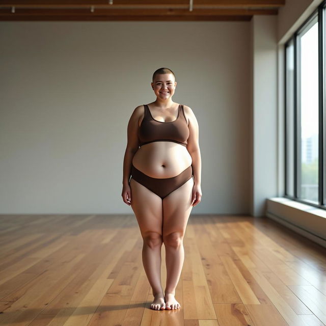 A young white lady with a brown buzzcut hairstyle, chubby build, standing confidently in a large, empty room