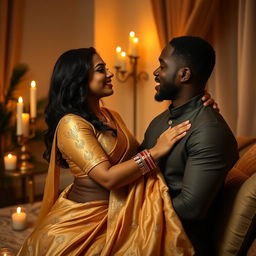 A romantic scene featuring a South Asian woman with curves wearing an elegant golden salwar suit, set in a softly lit room