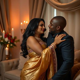 A romantic scene featuring a South Asian woman with curves wearing an elegant golden salwar suit, set in a softly lit room