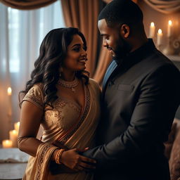 A romantic scene featuring a South Asian woman with curves wearing an elegant golden salwar suit, set in a softly lit room