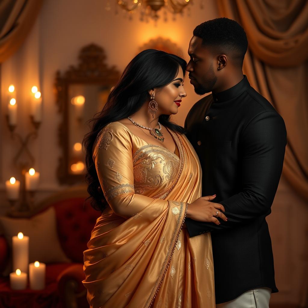 A romantic scene featuring a South Asian woman with curves wearing an elegant golden salwar suit, set in a softly lit room