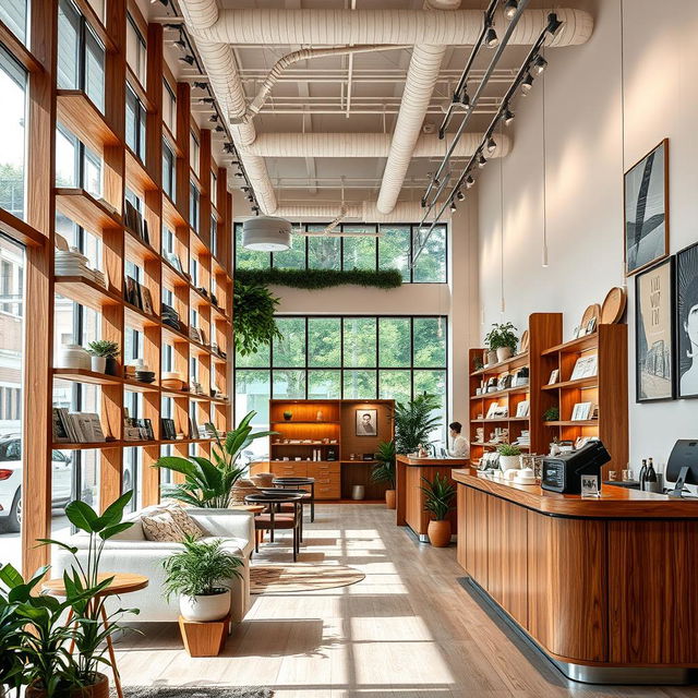 A beautifully designed retail store interior showcasing modern decor elements, featuring high wooden shelves stocked with various items, warm ambient lighting, a stylish checkout counter made of polished wood, a cozy seating area with plush sofas, and indoor plants adding a touch of greenery