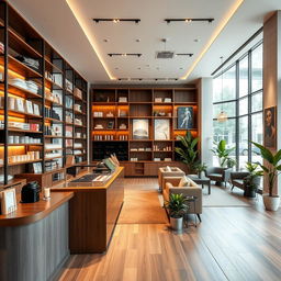 A beautifully designed retail store interior showcasing modern decor elements, featuring high wooden shelves stocked with various items, warm ambient lighting, a stylish checkout counter made of polished wood, a cozy seating area with plush sofas, and indoor plants adding a touch of greenery