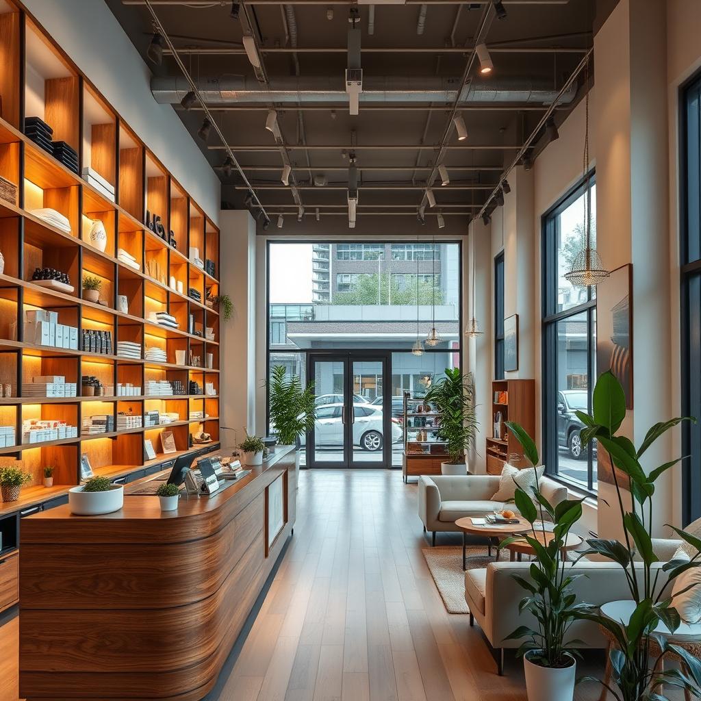A beautifully designed retail store interior showcasing modern decor elements, featuring high wooden shelves stocked with various items, warm ambient lighting, a stylish checkout counter made of polished wood, a cozy seating area with plush sofas, and indoor plants adding a touch of greenery