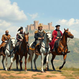 A picturesque scene depicting five mounted riders side by side, with the first rider being Mir Shahvardi Khan, the last ruler of Lorestan