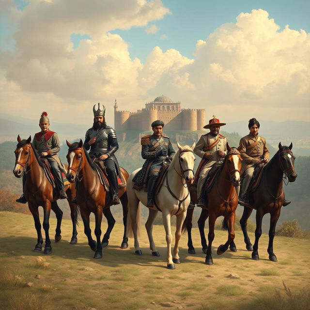 A picturesque scene depicting five mounted riders side by side, with the first rider being Mir Shahvardi Khan, the last ruler of Lorestan
