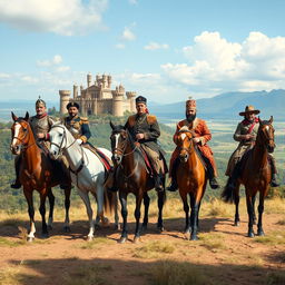 A picturesque scene depicting five mounted riders side by side, with the first rider being Mir Shahvardi Khan, the last ruler of Lorestan