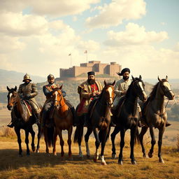 A picturesque scene depicting five mounted riders side by side, with the first rider being Mir Shahvardi Khan, the last ruler of Lorestan
