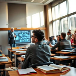An intelligent Uzbek man seated at a university lecture, attentively listening to a professor, surrounded by books and notebooks on the desk in a modern classroom