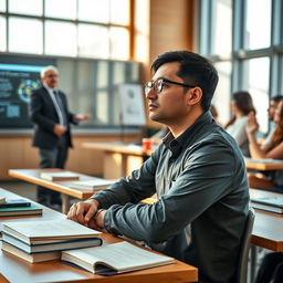 An intelligent Uzbek man seated at a university lecture, attentively listening to a professor, surrounded by books and notebooks on the desk in a modern classroom