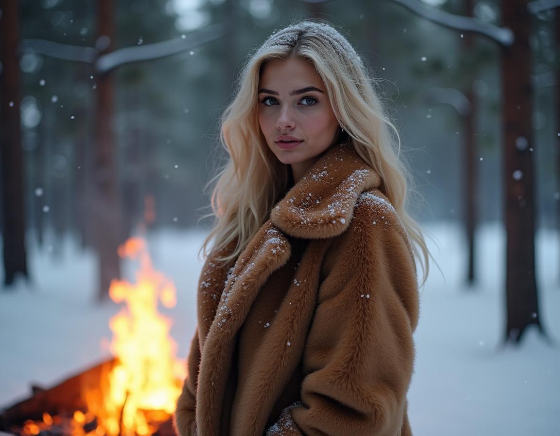 A stunning blonde woman in a luxurious furry coat, standing amidst a picturesque snowy landscape