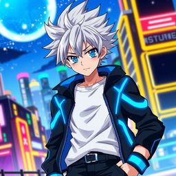 A stylish anime guy with spiky silver hair and bright blue eyes