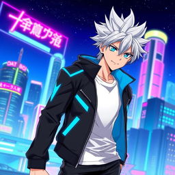 A stylish anime guy with spiky silver hair and bright blue eyes