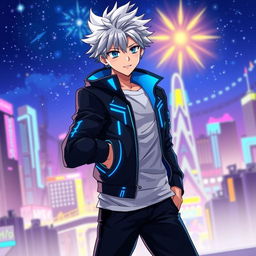 A stylish anime guy with spiky silver hair and bright blue eyes