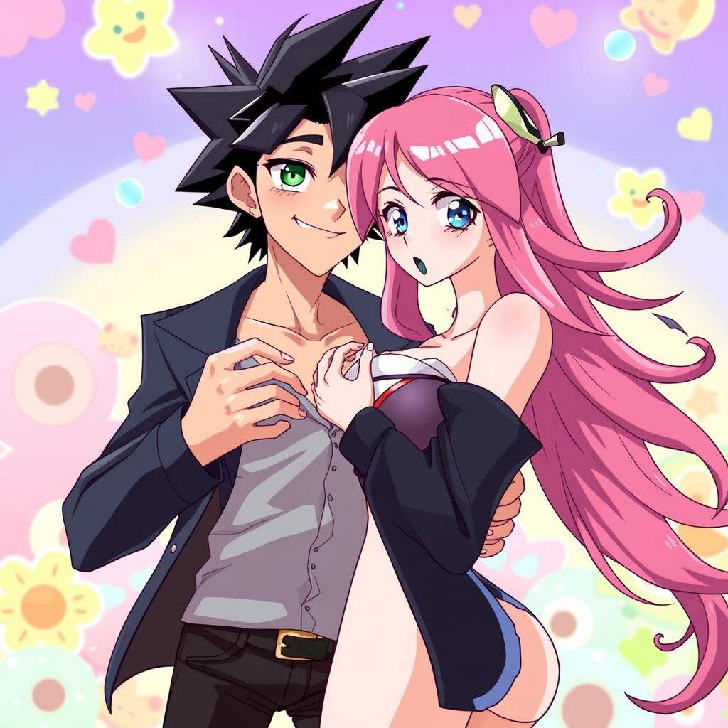 A stylized anime scene featuring a charismatic anime guy with spiky black hair and emerald green eyes, playfully squeezing the breasts of a voluptuous anime girl with long flowing pink hair and sparkling blue eyes