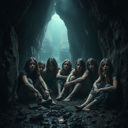 A dark, cinematic poster featuring women trapped inside a damp, muddy underground tunnel, evoking despair and fear