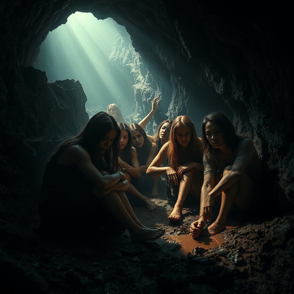 A dark, cinematic poster featuring women trapped inside a damp, muddy underground tunnel, evoking despair and fear