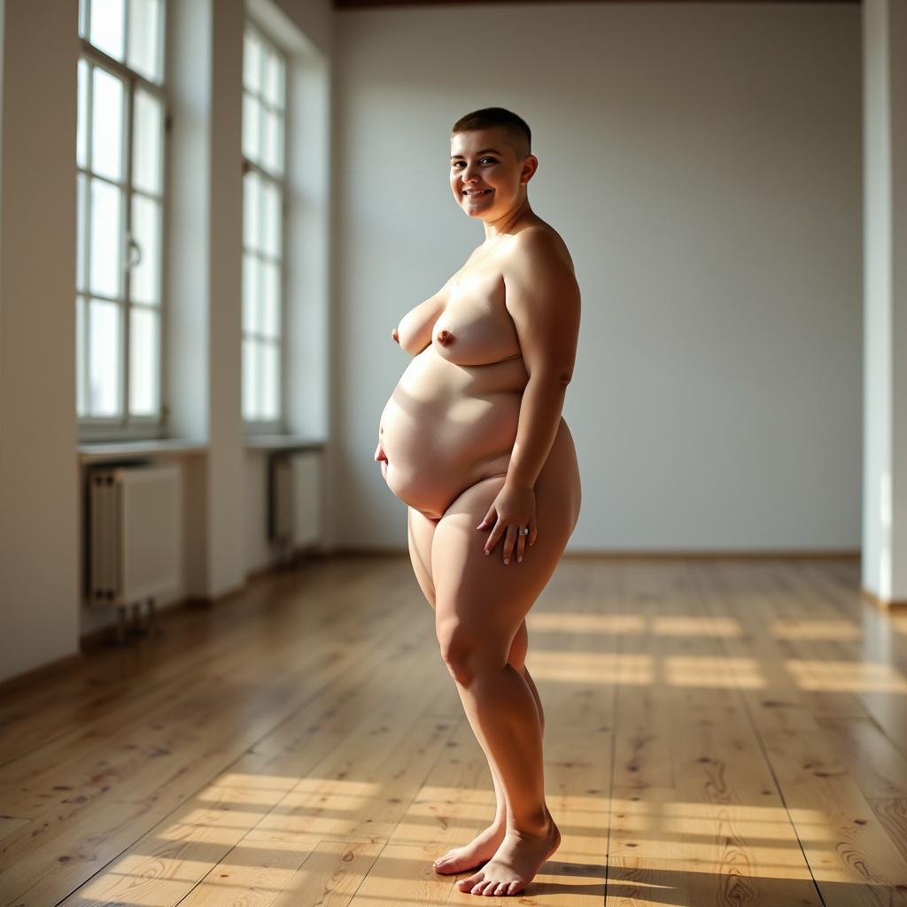A young white lady with a brown buzzcut hairstyle, chubby build, standing confidently in a large, empty room with tall ceilings and bright, natural light streaming in through expansive windows