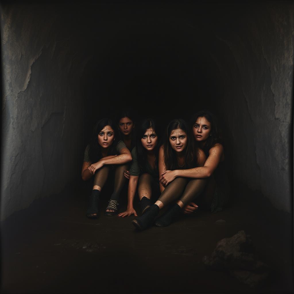 A dark, cinematic poster featuring women trapped inside a damp, muddy underground tunnel, evoking a sense of despair and fear