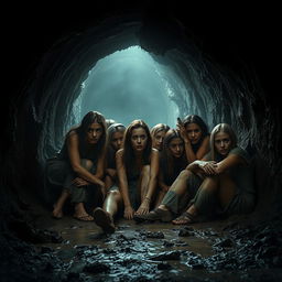 A dark, cinematic poster featuring women trapped inside a damp, muddy underground tunnel, evoking a sense of despair and fear