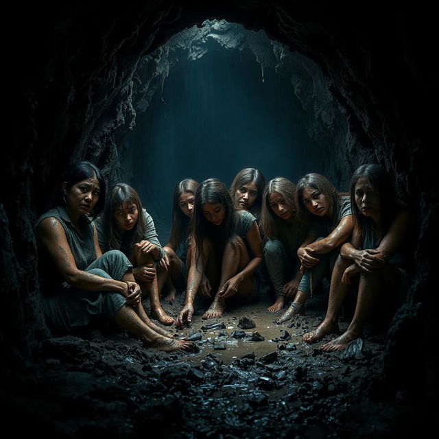A dark, cinematic poster featuring women trapped inside a damp, muddy underground tunnel, evoking a sense of despair and fear