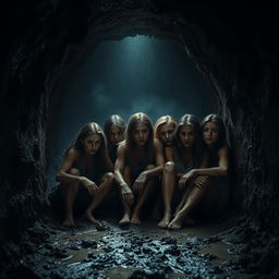 A dark, cinematic poster featuring women trapped inside a damp, muddy underground tunnel, evoking a sense of despair and fear