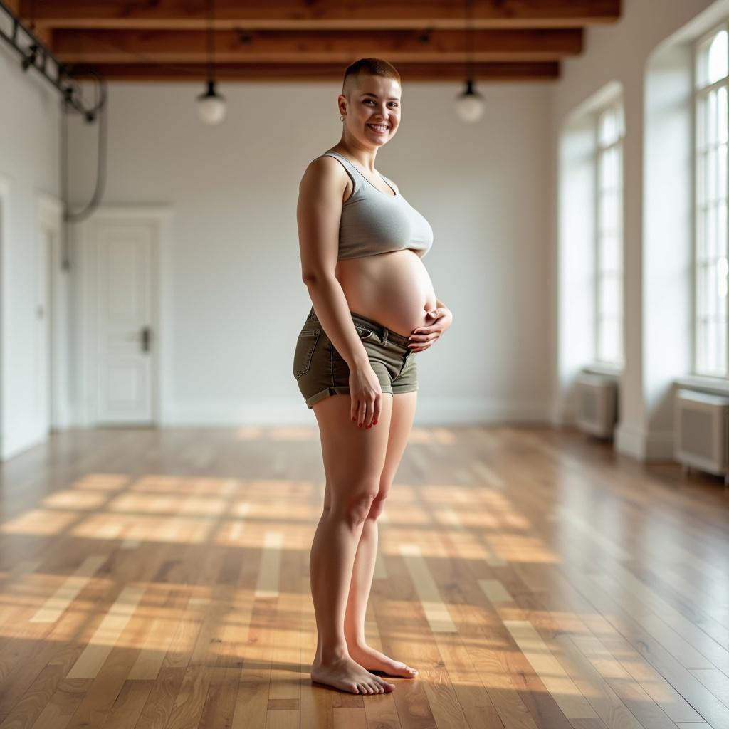 A young white lady with a brown buzzcut hairstyle, standing confidently in a large, empty room with tall ceilings and ample natural light streaming through large windows