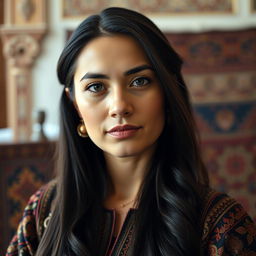 A portrait of an intelligent Uzbek woman with striking features, showcasing her intelligence through a confident expression