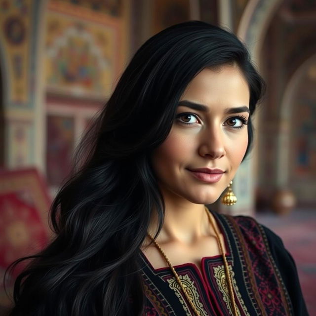 A portrait of an intelligent Uzbek woman with striking features, showcasing her intelligence through a confident expression